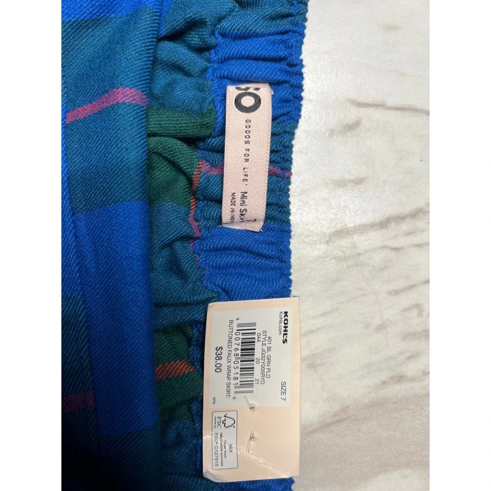SO Goods for Life Blue Green Plaid Faux Wrap Mini Skirt High Rise Size 7 NWT - Picture 6 of 6